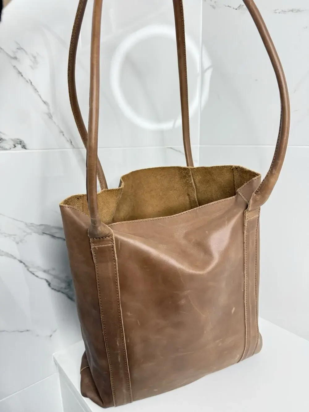 ABLE Lomi Leather Tote Beige 100% Leather Handbag Knotted Straps Ethically Made